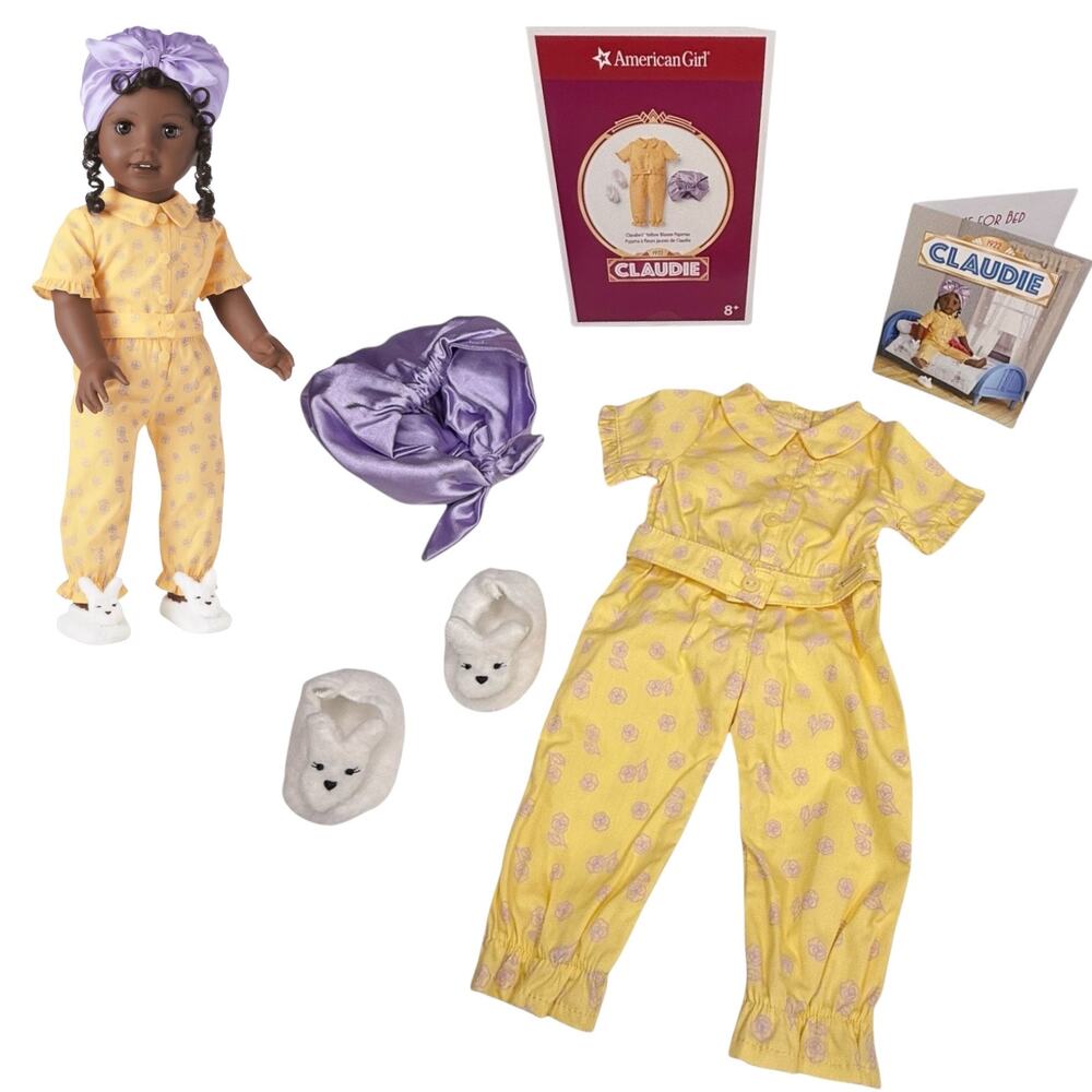 American Girl Claudie Pajamas Bunny Slippers & Head Wrap Yellow Bloom Outfit Box